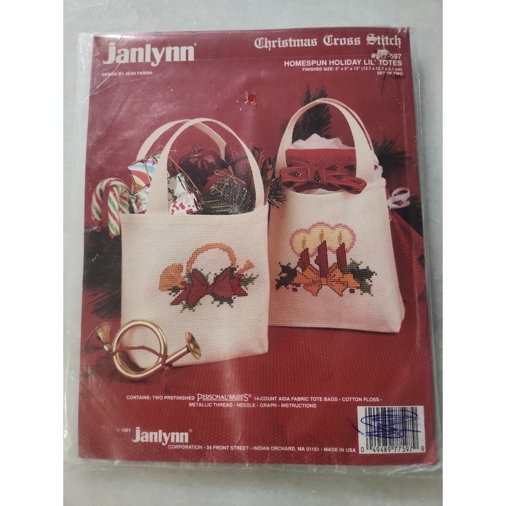 Mini Tote Kit Janlynn Counted Cross Stitch Lil' Totes #977-597 Bows Holly NOS